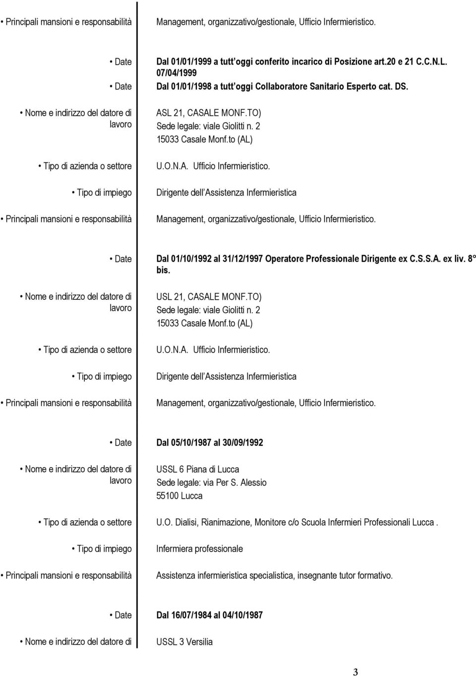 Date Dal 01/10/1992 al 31/12/1997 Operatore Professionale Dirigente ex C.S.S.A. ex liv. 8 bis. USL 21, CASALE MONF.TO) U.O.N.A. Ufficio Infermieristico.