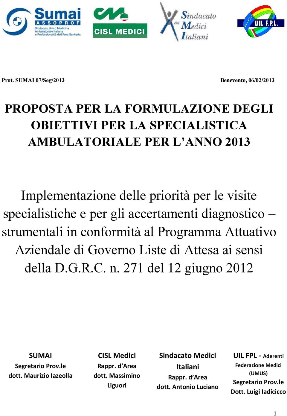 di Governo Liste di Attesa ai sensi della D.G.R.C. n. 271 del 12 giugno 2012 SUMAI Segretario Prov.le dott. Maurizio Iazeolla CISL Medici Rappr.