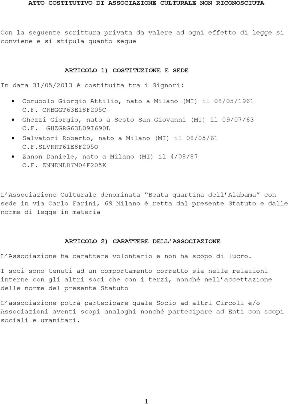 F.SLVRRT61E8F205O Zanon Daniele, nato a Milano (MI) il 4/08/87 C.F. ZNNDNL87M04F205K L Associazione Culturale denominata Beata quartina dell Alabama con sede in via Carlo Farini, 69 Milano è retta