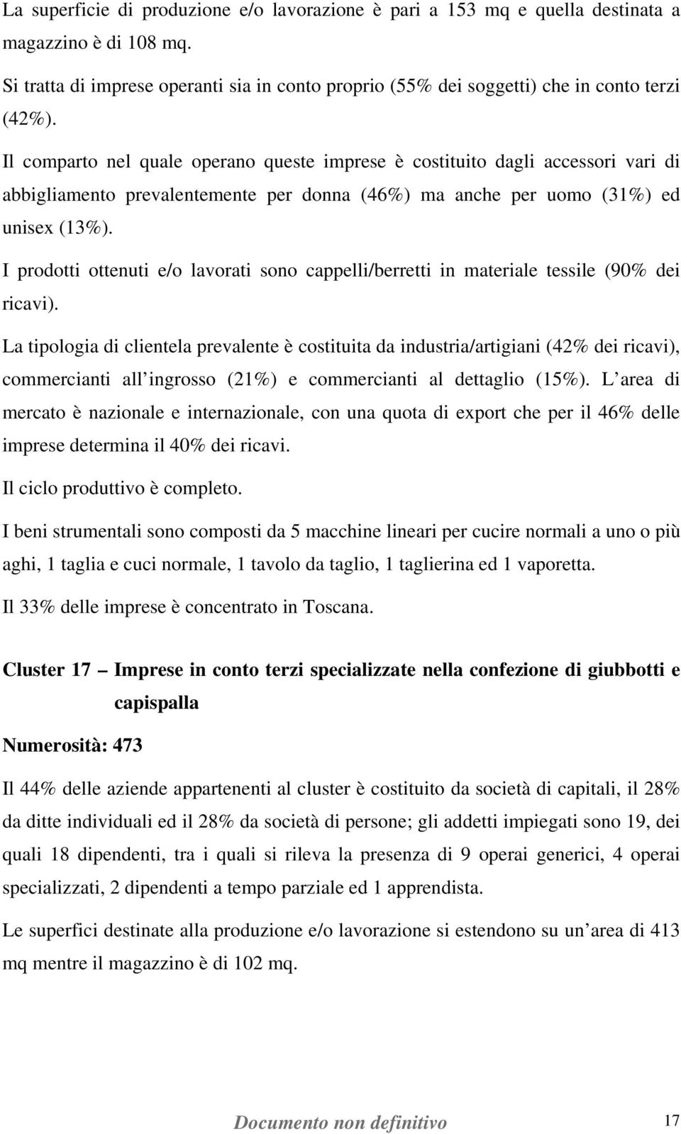 I prodotti ottenuti e/o lavorati sono cappelli/berretti in materiale tessile (90% dei ricavi).