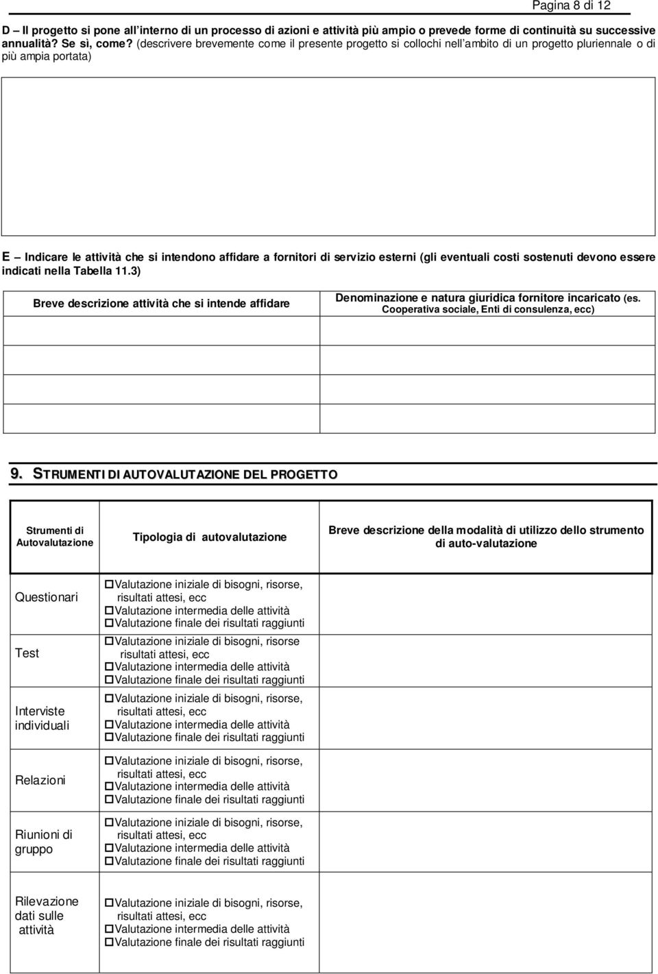 esterni (gli eventuali costi sostenuti devono essere indicati nella Tabella 11.3) Breve descrizione attività che si intende affidare Denominazione e natura giuridica fornitore incaricato (es.