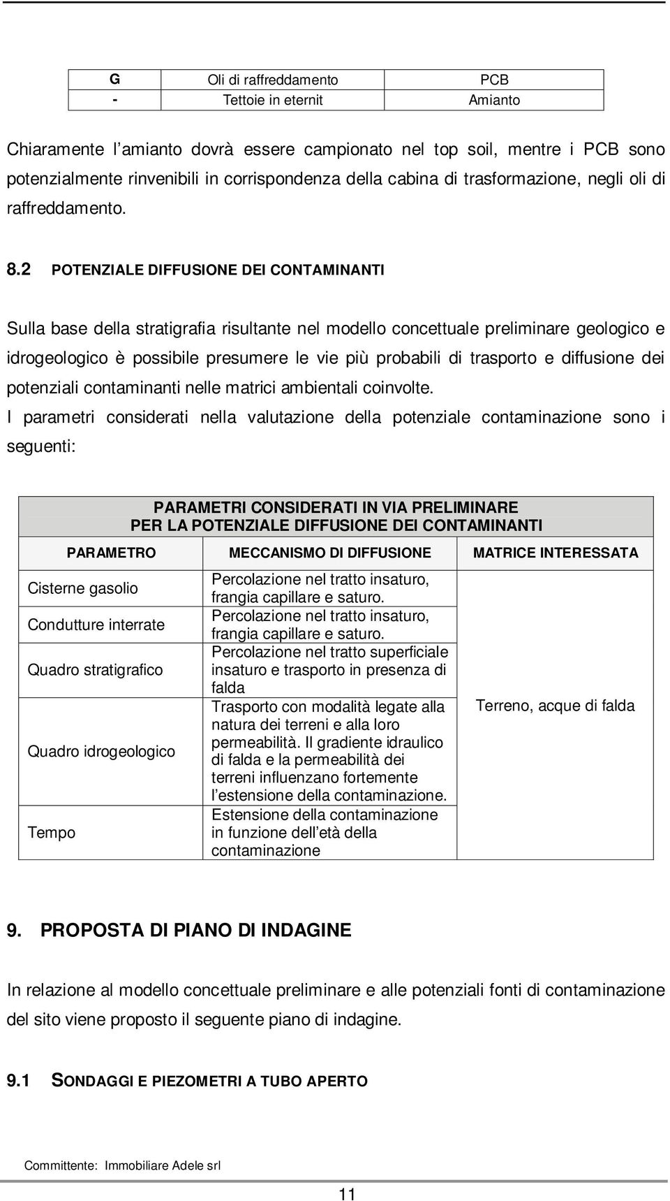 2 POTENZIALE DIFFUSIONE DEI CONTAMINANTI Sulla base della stratigrafia risultante nel modello concettuale preliminare geologico e idrogeologico è possibile presumere le vie più probabili di trasporto