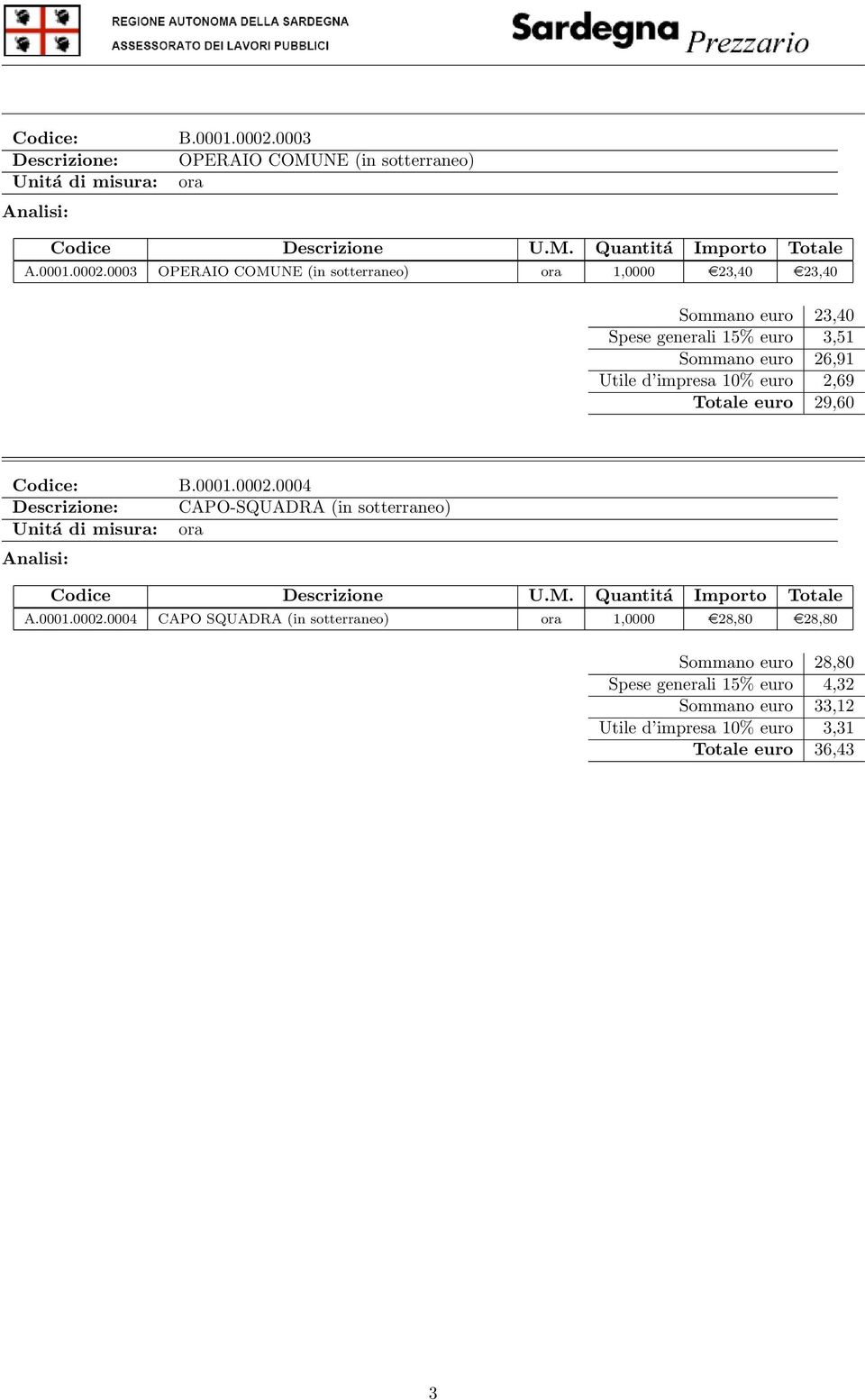 0003 OPERAIO COMUNE (in sotterraneo) ora 1,0000 e23,40 e23,40 Sommano euro 23,40 Spese generali 15% euro 3,51 Sommano