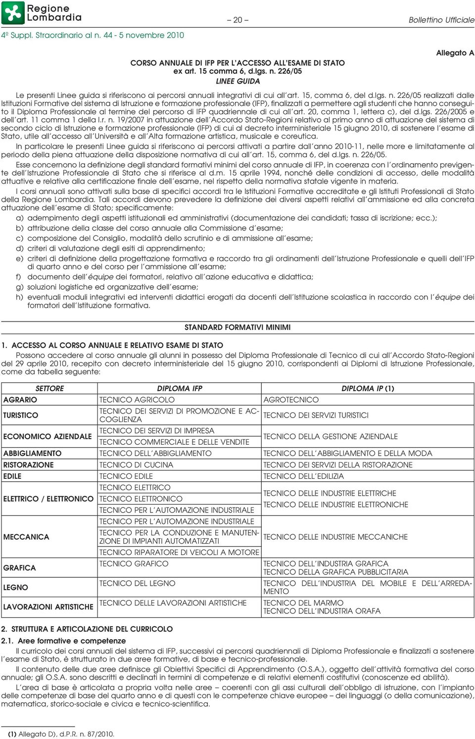 226/05 realizzati dalle Istituzioni Formative del sistema di Istruzione e formazione professionale (IFP), finalizzati a permettere agli studenti che hanno conseguito il Diploma Professionale al