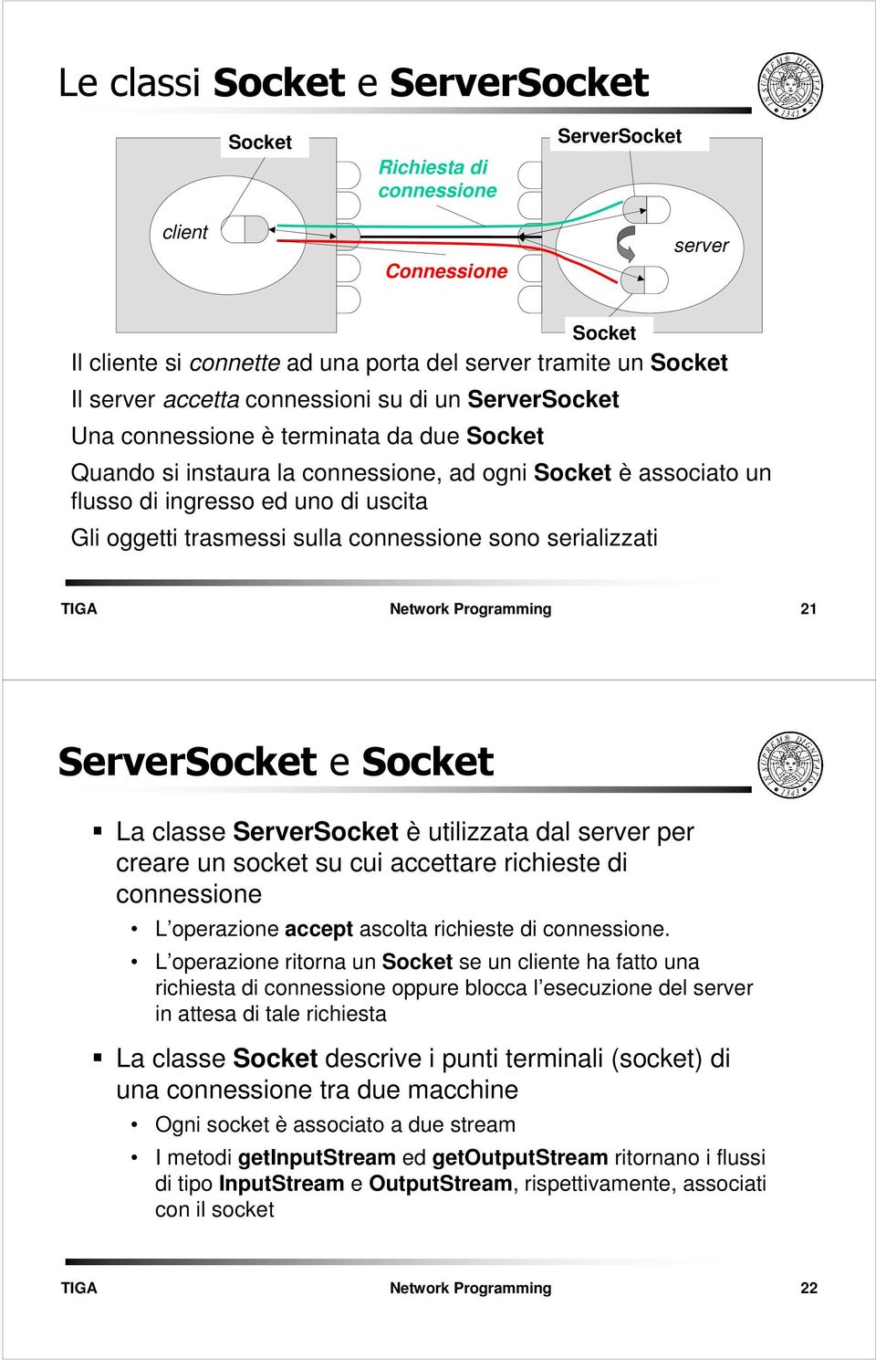 sulla connessione sono serializzati 21 ServerSocket e Socket La classe ServerSocket è utilizzata dal server per creare un socket su cui accettare richieste di connessione L operazione accept ascolta