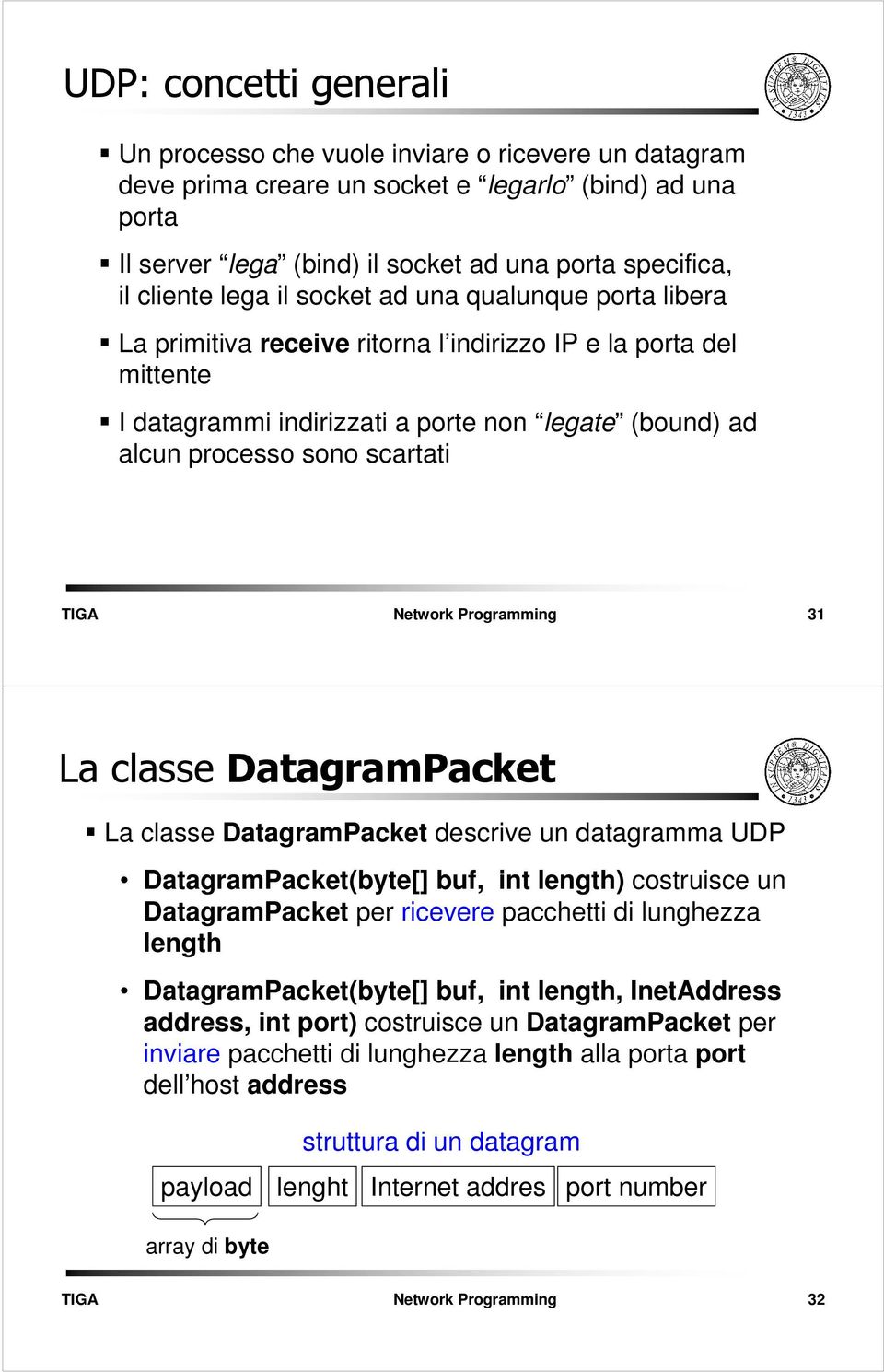 scartati 31 La classe DatagramPacket La classe DatagramPacket descrive un datagramma UDP DatagramPacket(byte[] buf, int length) costruisce un DatagramPacket per ricevere pacchetti di lunghezza length