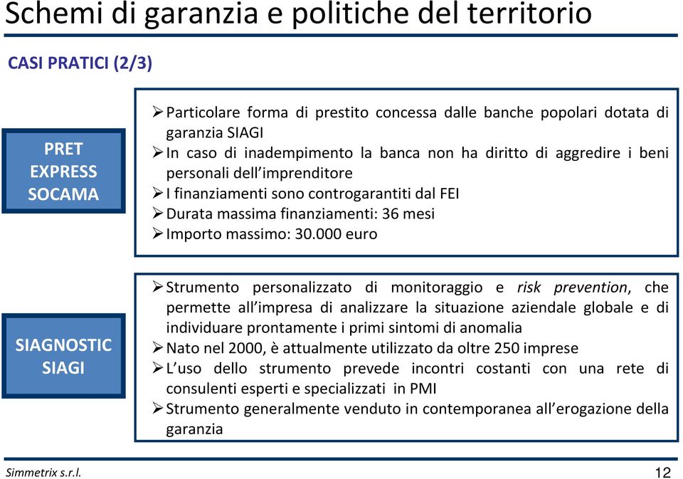 000 euro SIAGNOSTIC SIAGI Strumento personalizzato di monitoraggio e risk prevention, che permette all impresa di analizzare la situazione aziendale globale e di individuare prontamente i primi