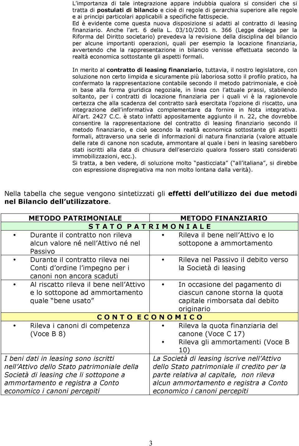 366 (Legge delega per la Riforma del Diritto societario) prevedeva la revisione della disciplina del bilancio per alcune importanti operazioni, quali per esempio la locazione finanziaria, avvertendo