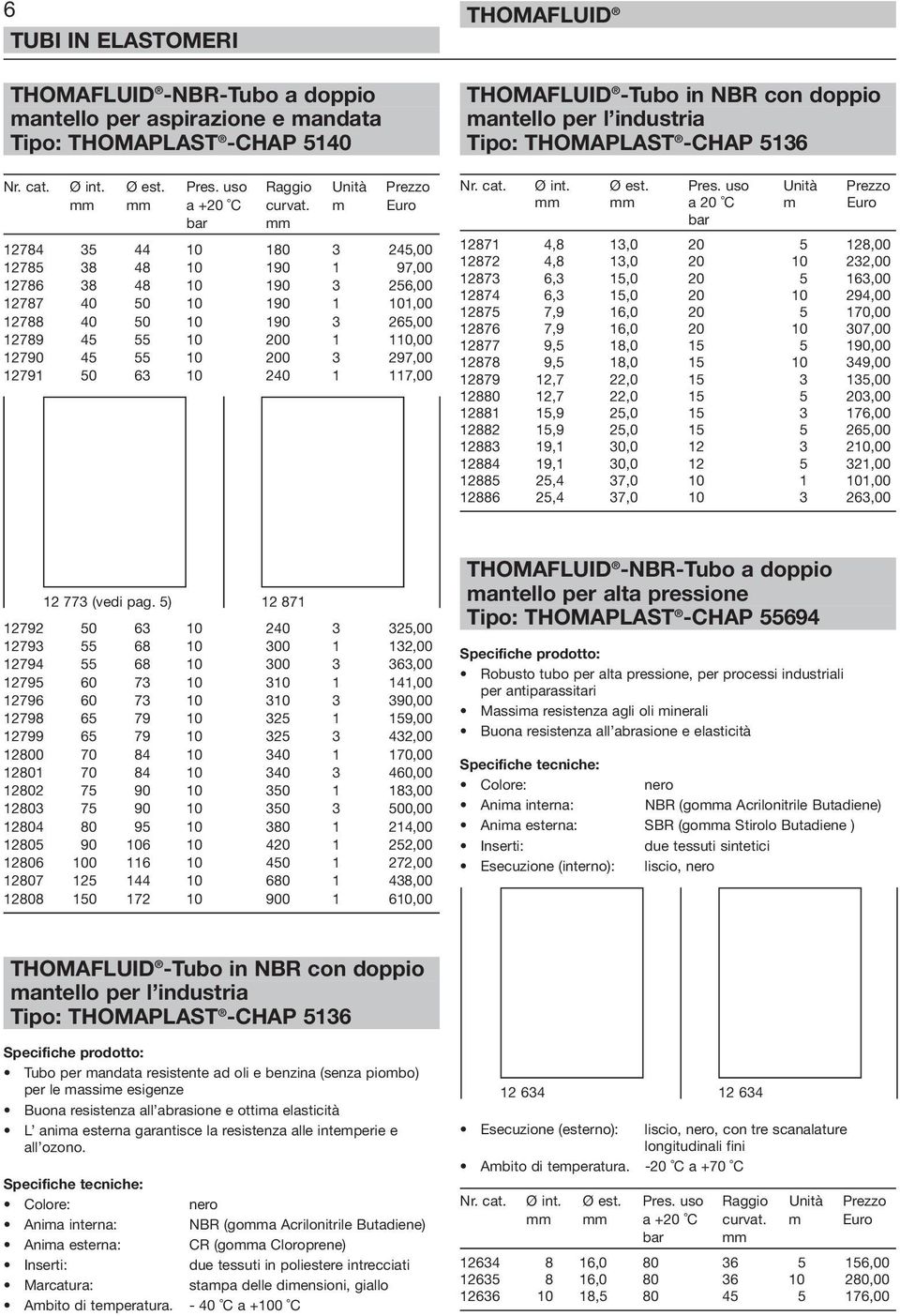 3 297,00 12791 50 63 10 240 1 117,00 -Tubo in NBR con doppio mantello per l industria Tipo: THOMAPLAST -CHAP 5136 Nr. cat. Ø int. Ø est. Pres.