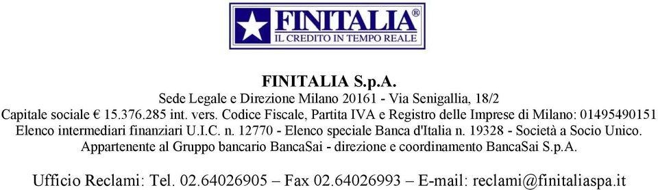 12770 - Elenco speciale Banca d'italia n. 19328 - Società a Socio Unico.