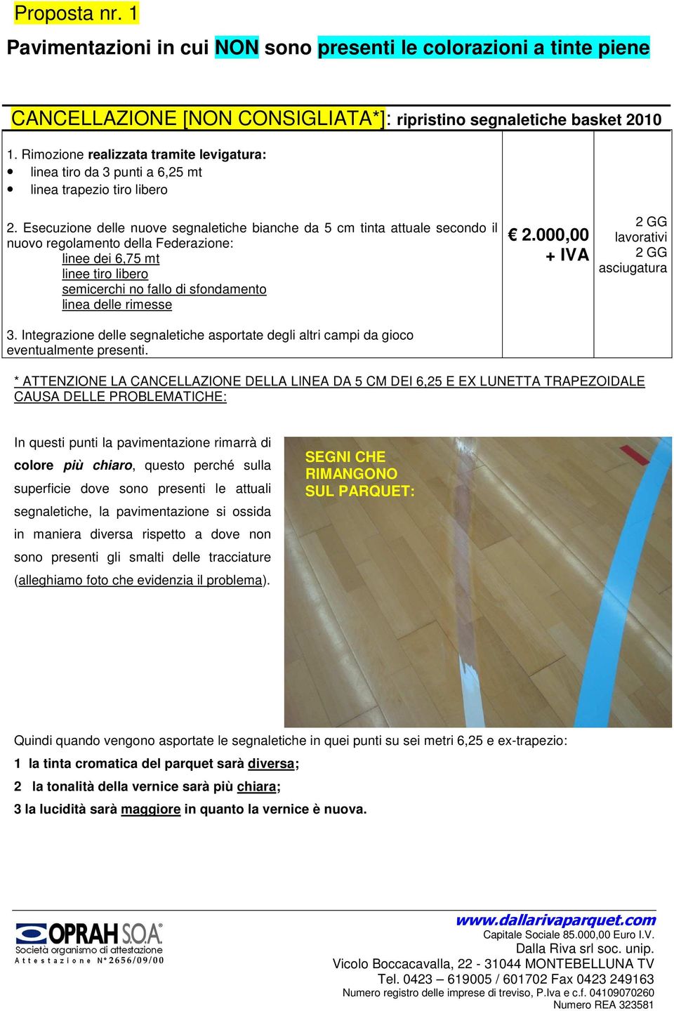 Esecuzione delle nuove segnaletiche bianche da 5 cm tinta attuale secondo il nuovo regolamento della Federazione: linee tiro libero 2.000,00 3.