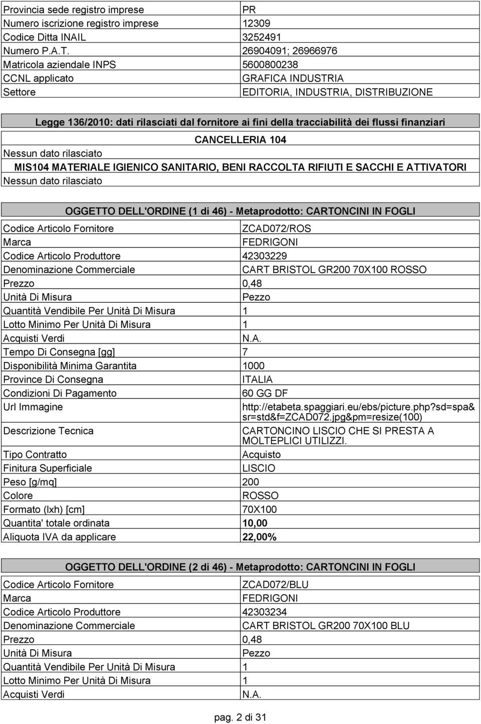 tracciabilità dei flussi finanziari CANCELLERIA 104 Nessun dato rilasciato MIS104 MATERIALE IGIENICO SANITARIO, BENI RACCOLTA RIFIUTI E SACCHI E ATTIVATORI Nessun dato rilasciato OGGETTO DELL'ORDINE