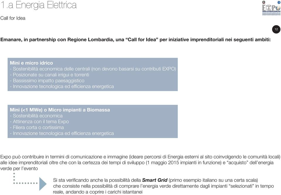 (<1 MWe) o Micro impianti a Biomassa - Sostenibilità economica - Attinenza con il tema Expo - Filiera corta o cortissima - Innovazione tecnologica ed efficienza energetica Expo può contribuire in