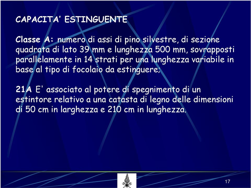 base al tipo di focolaio da estinguere; 21A E' associato al potere di spegnimento di un