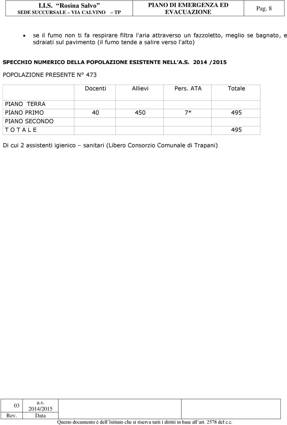 ECCHIO NUMERICO DELLA POPOLAZIONE ESISTENTE NELL A.S. 2014 /2015 POPOLAZIONE PRESENTE N 473 Docenti Allievi Pers.