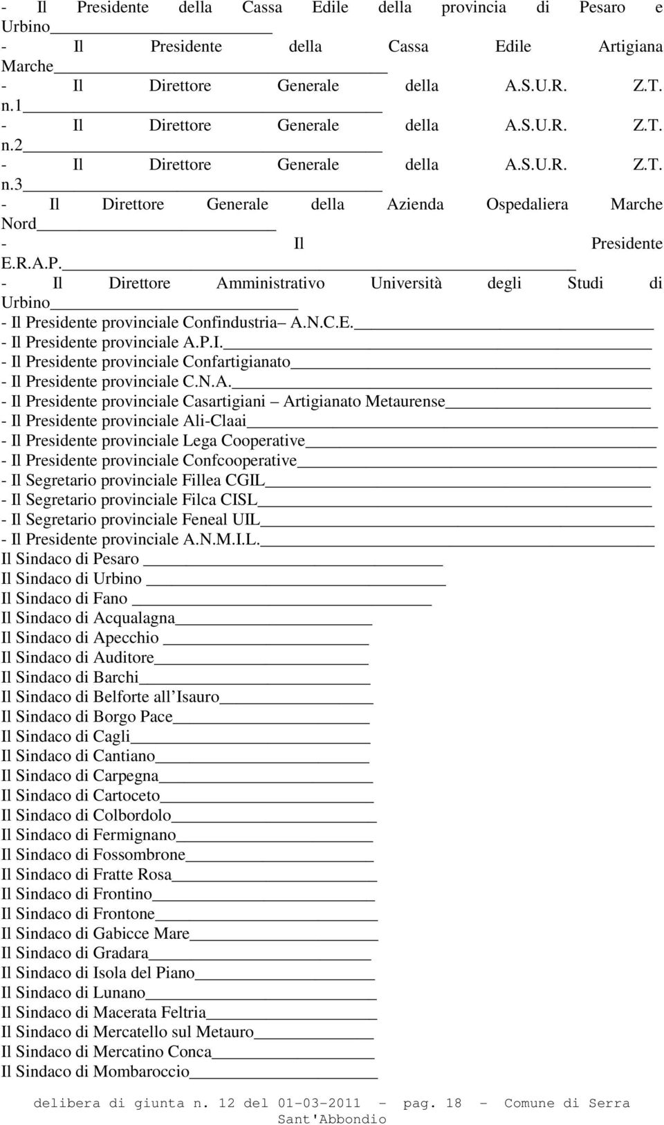 esidente E.R.A.P. - Il Direttore Amministrativo Università degli Studi di Urbino - Il Presidente provinciale Confindustria A.N.C.E. - Il Presidente provinciale A.P.I. - Il Presidente provinciale Confartigianato - Il Presidente provinciale C.