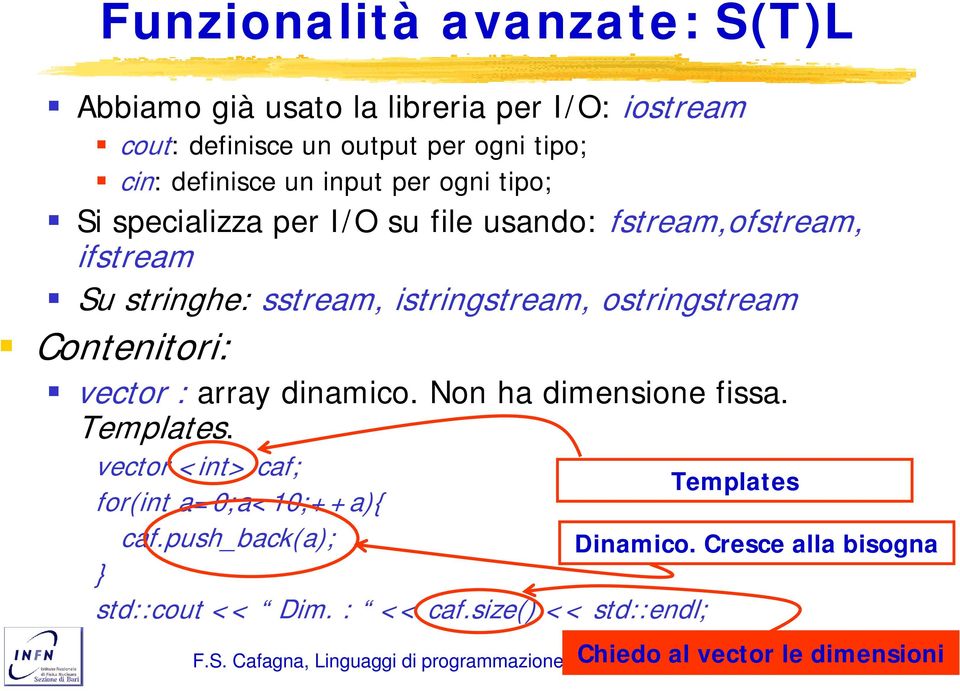 array dinamico. Non ha dimensione fissa. Templates. vector <int> caf; for(int a=0;a<10;++a){ caf.push_back(a); } std::cout << Dim. : << caf.
