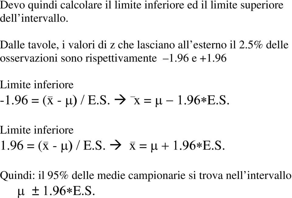 5% delle osservazioni sono rispettivamente 1.96 e +1.96 Limite inferiore -1.96 = (x - µ) / E.S.