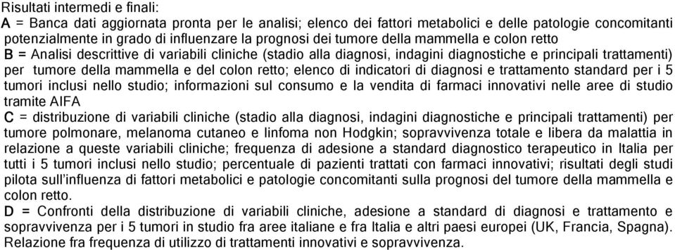 elenco di indicatori di diagnosi e trattamento standard per i 5 tumori inclusi nello studio; informazioni sul consumo e la vendita di farmaci innovativi nelle aree di studio tramite AIFA C =