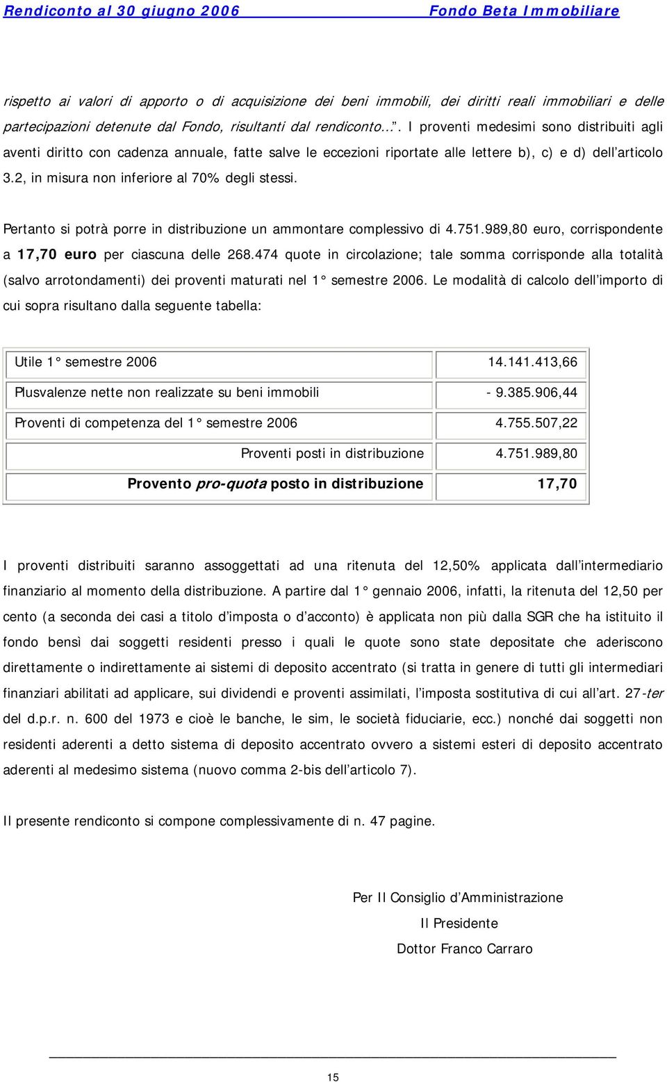 2, in misura non inferiore al 70% degli stessi. Pertanto si potrà porre in distribuzione un ammontare complessivo di 4.751.989,80 euro, corrispondente a 17,70 euro per ciascuna delle 268.