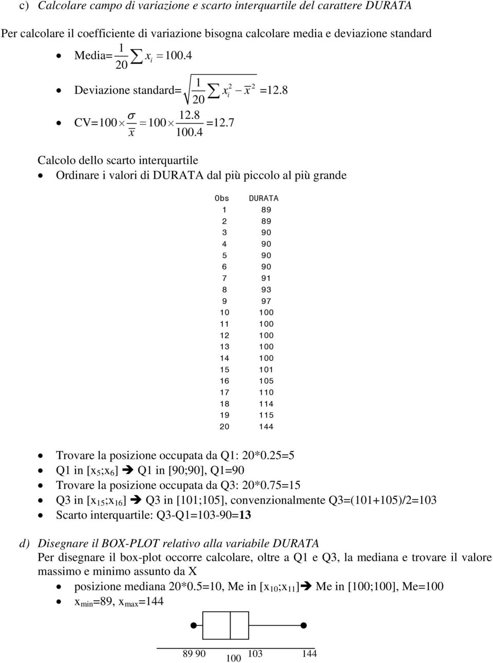 Calcolo dello scarto nterquartle Ordnare valor d DURATA dal pù pccolo al pù grande Obs DURATA 89 2 89 3 90 90 5 90 6 90 7 9 8 93 9 97 0 00 00 2 00 3 00 00 5 0 6 05 7 0 8 9 5 Trovare la poszone