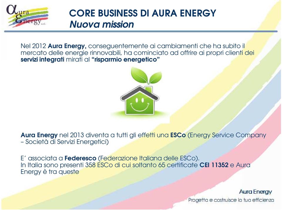 nel 2013 diventa a tutti gli effetti una ESCo (Energy Service Company Società di Servizi Energetici) E associata a Federesco