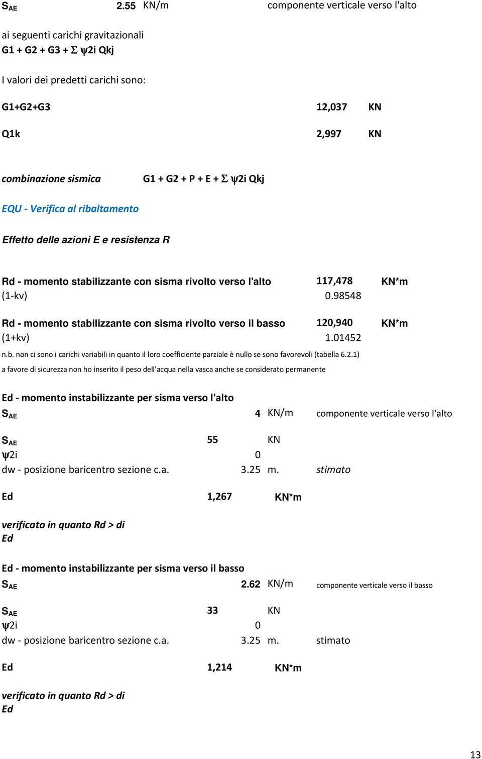 G2 + P + E + Σ ψ2i ψ Qkj EQU - Verifica al ribaltamento Effetto delle azioni E e resistenza R Rd - momento stabilizzante con sisma rivolto verso l'alto 117,478 KN*m (1-kv) 0.