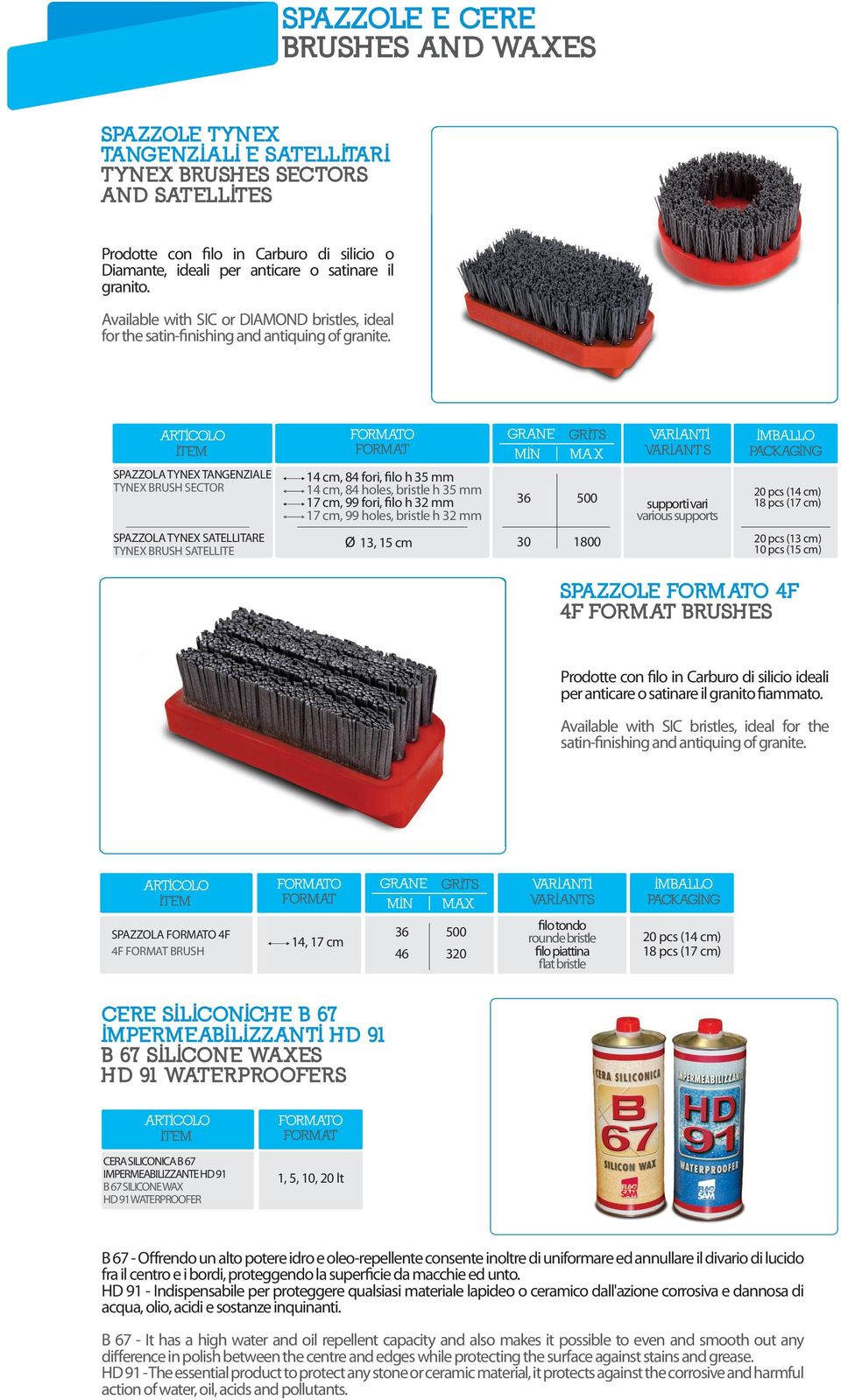 SPAZZOLA TYNEX TANGENZIALE TYNEX BRUSH SECTOR SPAZZOLA TYNEX SATELLITARE TYNEX BRUSH SATELLITE 14 cm, 84 fori, filo h 35 mm 14 cm, 84 holes, bristle h 35 mm 17 cm, 99 fori, filo h 32 mm 17 cm, 99