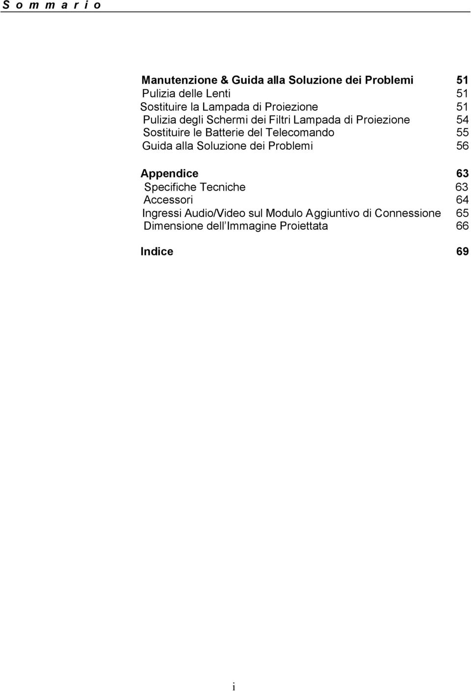 del Telecomando 55 Guida alla Soluzione dei Problemi 56 Appendice 63 Specifiche Tecniche 63 Accessori 64