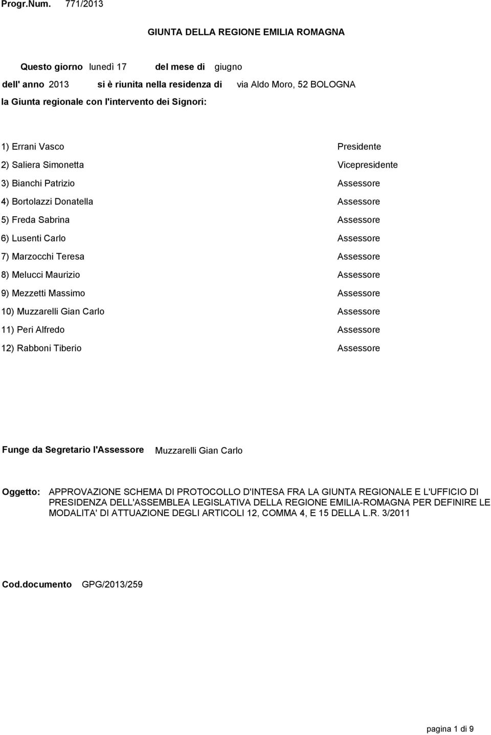 Moro, 52 BOLOGNA 1) Errani Vasco Presidente 2) Saliera Simonetta Vicepresidente 3) Bianchi Patrizio Assessore 4) Bortolazzi Donatella Assessore 5) Freda Sabrina Assessore 6) Lusenti Carlo Assessore