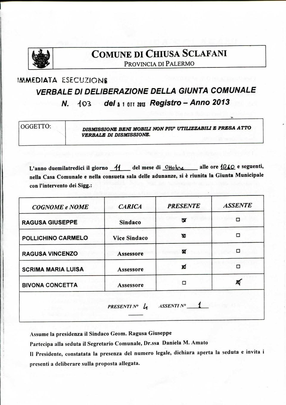 L'anno duemilatredici il giorno M del mese di Ok\oVr^ alle ore {Q^LO e seguenti, nella Casa Comunale e nella consueta sala delle adunanze, si è riunita la Giunta Municipale con l'intervento dei Sigg.