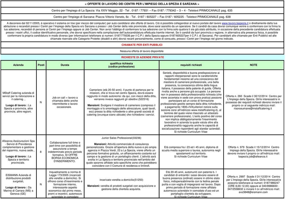 638 A decorrere dal 02//2005, è operativo il sistema on line (per mezzo del computer) per auto candidarsi alle offerte di lavoro. Ciò è possibile collegandosi al nuovo portale del lavoro www.lavoro.laspezia.