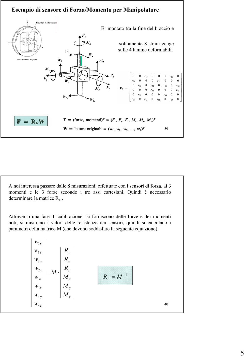 39 A noi interessa passare dalle 8 misurazioni, effettuate con i sensori di forza, ai 3 momenti e le 3 forze secondo i tre assi cartesiani.