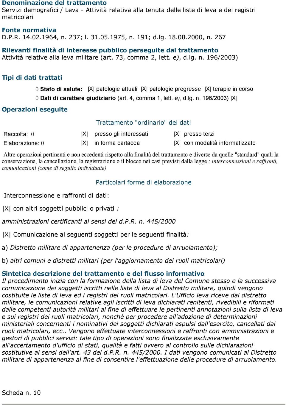 196/2003) Stato di salute: X patologie attuali X patologie pregresse X terapie in corso Dati di carattere giudiziario (art. 4, comma 1, lett. e), d.lg. n.