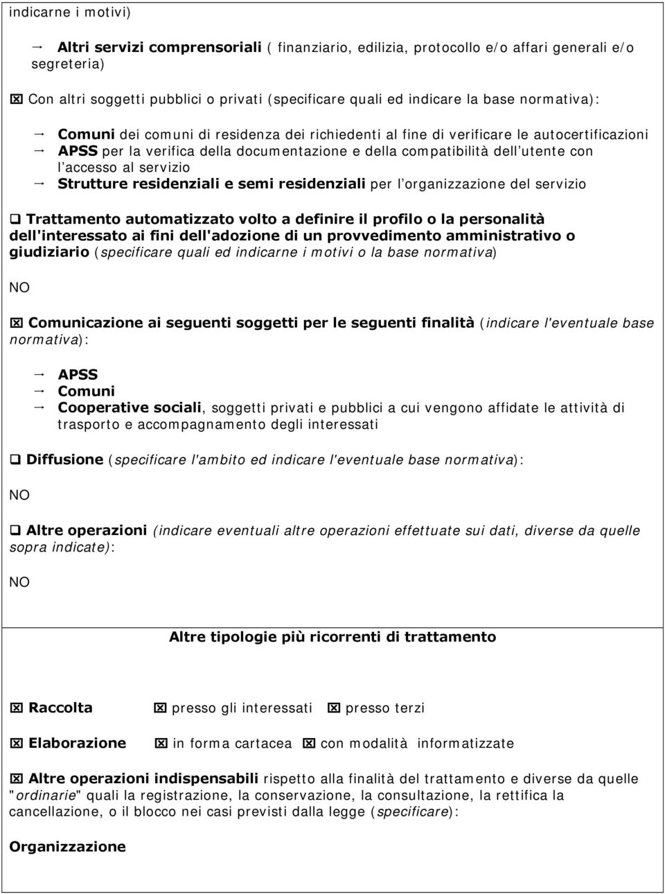 servizio Strutture residenziali e semi residenziali per l organizzazione del servizio Trattamento automatizzato volto a definire il profilo o la personalità dell'interessato ai fini dell'adozione di