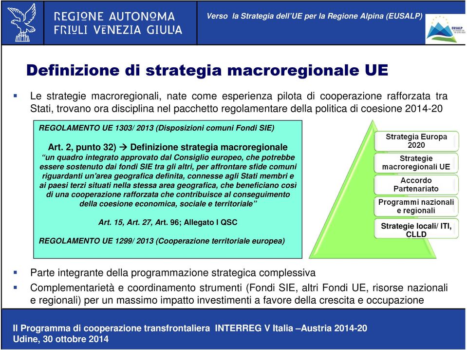 2, punto 32) Definizione strategia macroregionale un quadro integrato approvato dal Consiglio europeo, che potrebbe essere sostenuto dai fondi SIE tra gli altri, per affrontare sfide comuni