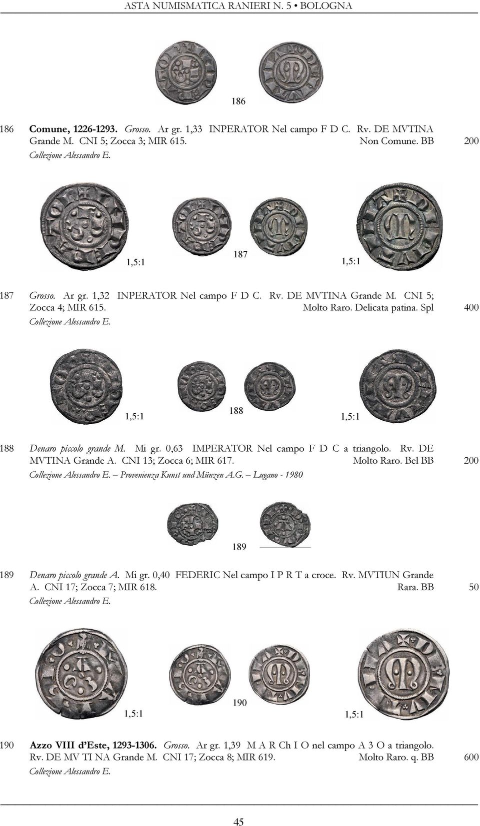 CNI 13; Zocca 6; MIR 617. Molto Raro. Bel BB 200 Provenienza Kunst und Münzen A.G. Lugano - 1980 189 189 Denaro piccolo grande A. Mi gr. 0,40 FEDERIC Nel campo I P R T a croce. Rv. MVTIUN Grande A.