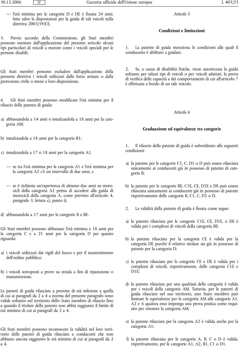 Articolo 5 Condizioni e limitazioni 1. La patente di guida menziona le condizioni alle quali il conducente è abilitato a guidare.