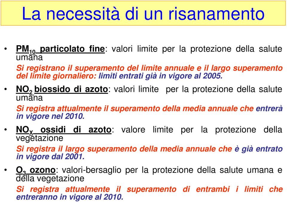 NO 2 biossido di azoto: valori limite per la protezione della salute umana Si registra attualmente il superamento della media annuale che entrerà in vigore nel 2010.