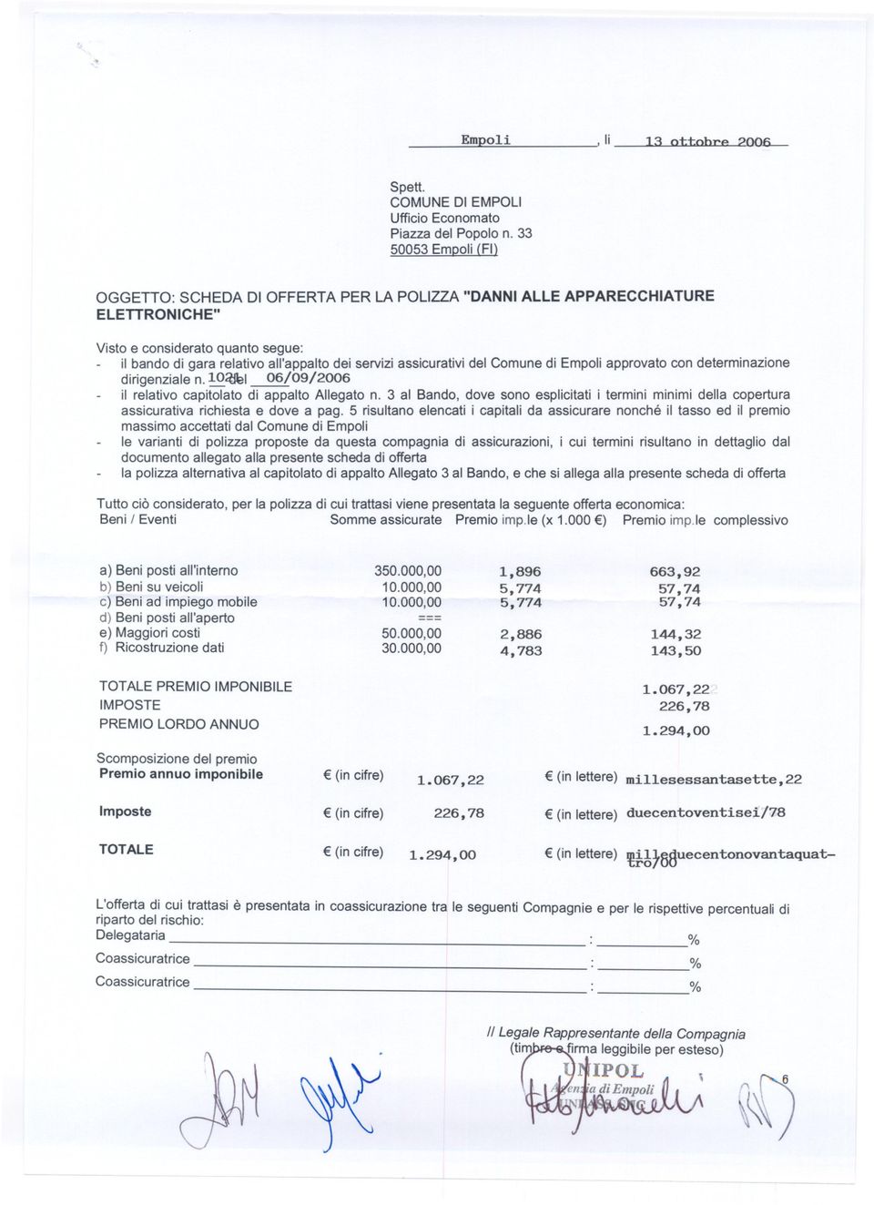 assicurativi del Comune di Empoli approvato con determinazione dirigenziale n.10~1 06/09/2006 il relativo capitolato di appalto Allegato n.