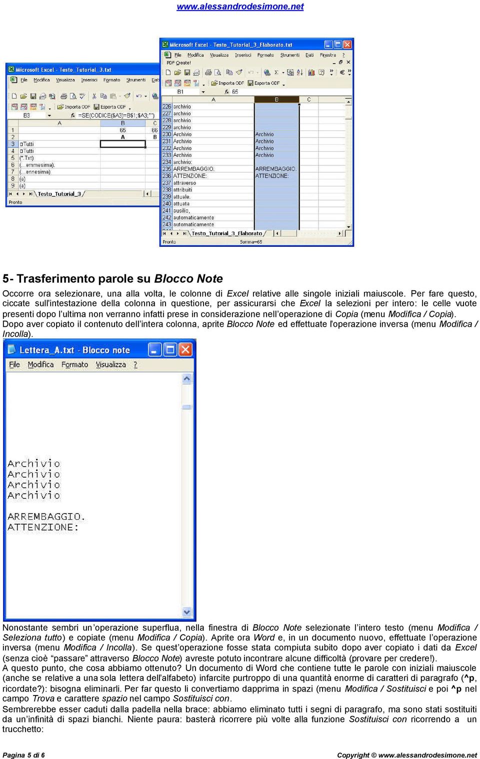 considerazione nell operazione di Copia (menu Modifica / Copia). Dopo aver copiato il contenuto dell intera colonna, aprite Blocco Note ed effettuate l operazione inversa (menu Modifica / Incolla).