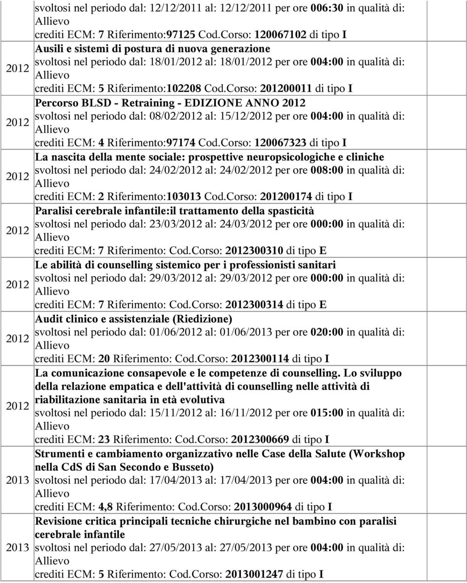 Corso: 00011 di tipo I Percorso BLSD - Retraining - EDIZIONE ANNO svoltosi nel periodo dal: 08/02/ al: 15/12/ per ore 004:00 in qualità di: crediti ECM: 4 Riferimento:97174 Cod.