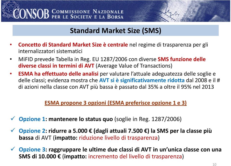 classi; evidenza mostra che AVT si è significativamente ridotta dal 2008 e il # di azioni nella classe con AVT più bassa è passato dal 35% a oltre il 95% nel 2013 ESMA propone 3 opzioni (ESMA