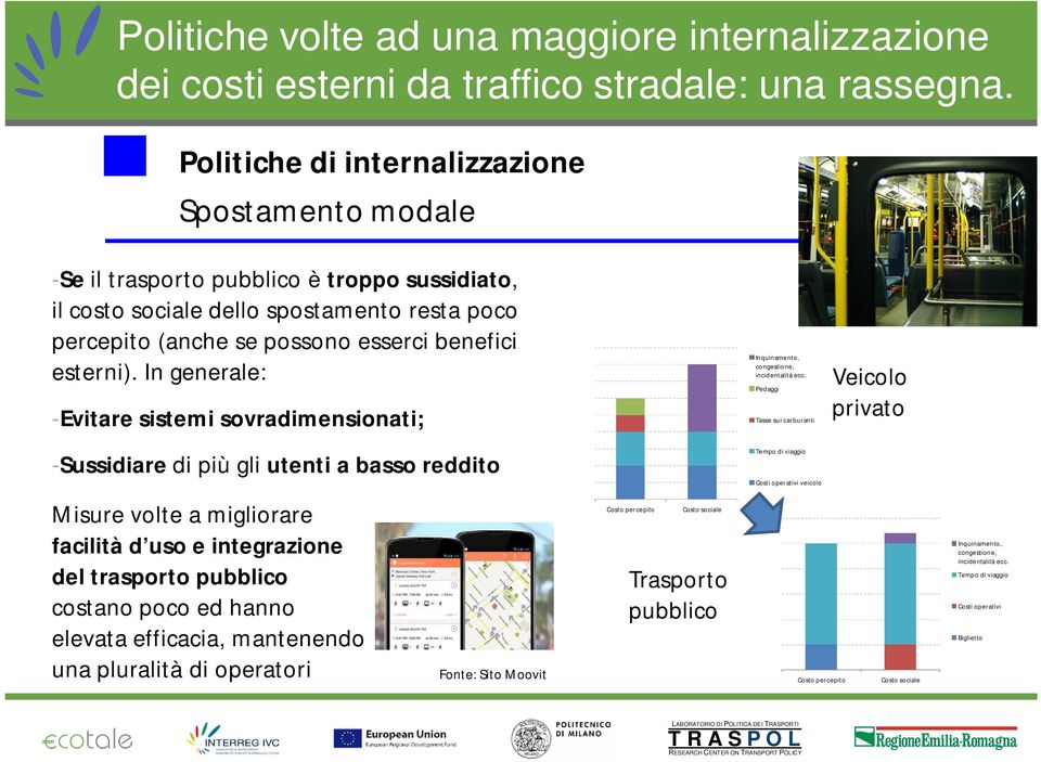 Pedaggi Tasse sui carburanti Veicolo privato -Sussidiare di più gli utenti a basso reddito Tempo di viaggio Costi operativi veicolo Misure volte a migliorare facilità d uso e integrazione del