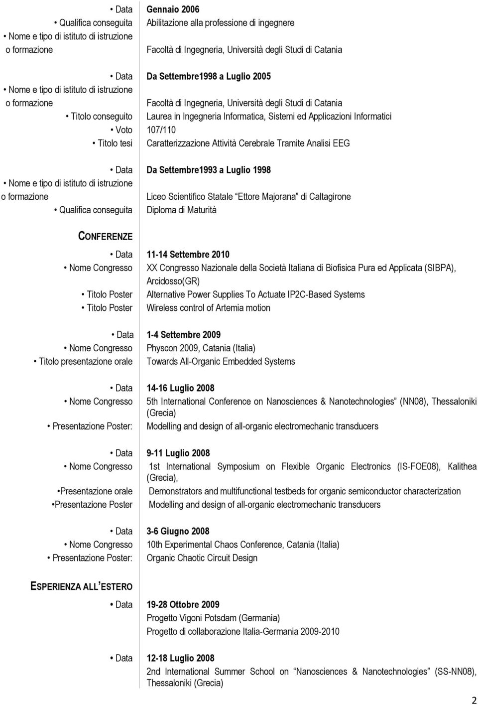 Applicazioni Informatici Voto 107/110 Titolo tesi Caratterizzazione Attività Cerebrale Tramite Analisi EEG Data Da Settembre1993 a Luglio 1998 Nome e tipo di istituto di istruzione o formazione Liceo