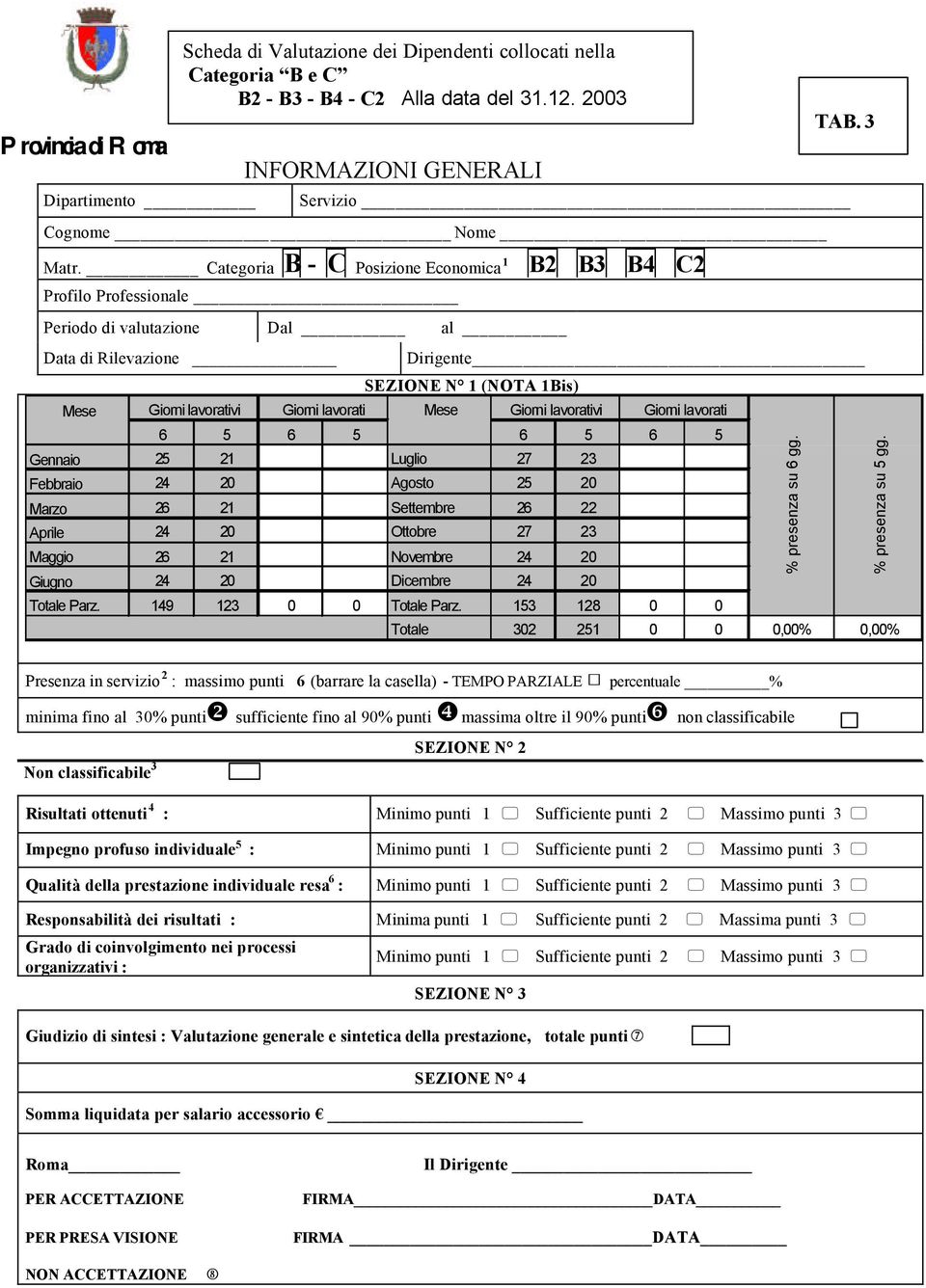 B3 - B4 - C2 Alla data del 31.12. 2003 Dirigente SEZIONE N 1 (NOTA 1Bis) Giorni lavorativi Giorni lavorati Giorni lavorativi Giorni lavorati TAB.