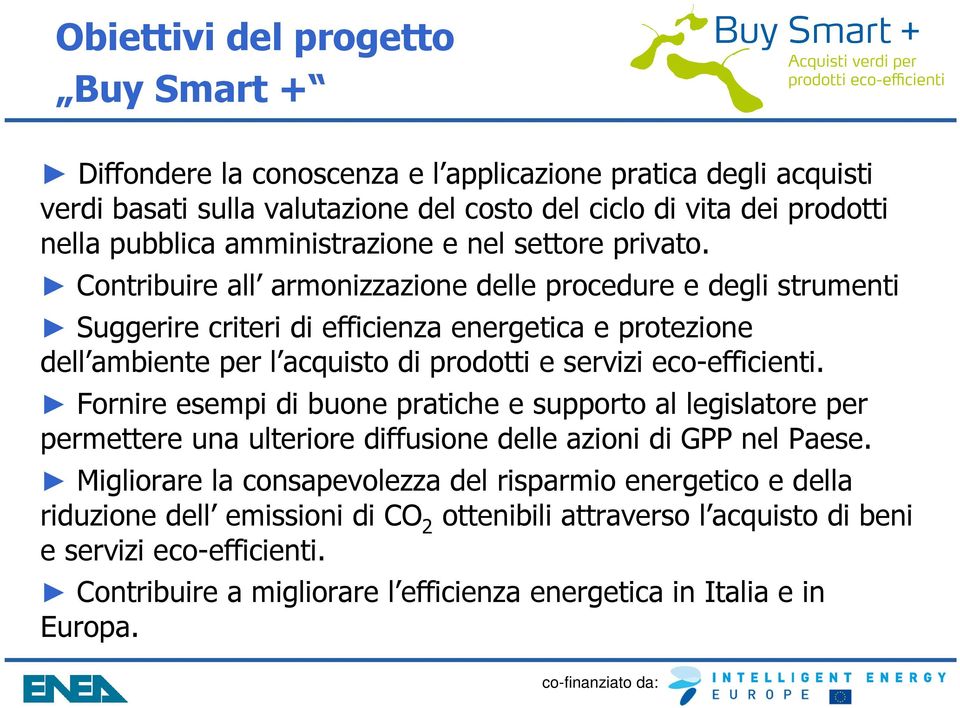 Contribuire all armonizzazione delle procedure e degli strumenti Suggerire criteri di efficienza energetica e protezione dell ambiente per l acquisto di prodotti e servizi eco-efficienti.