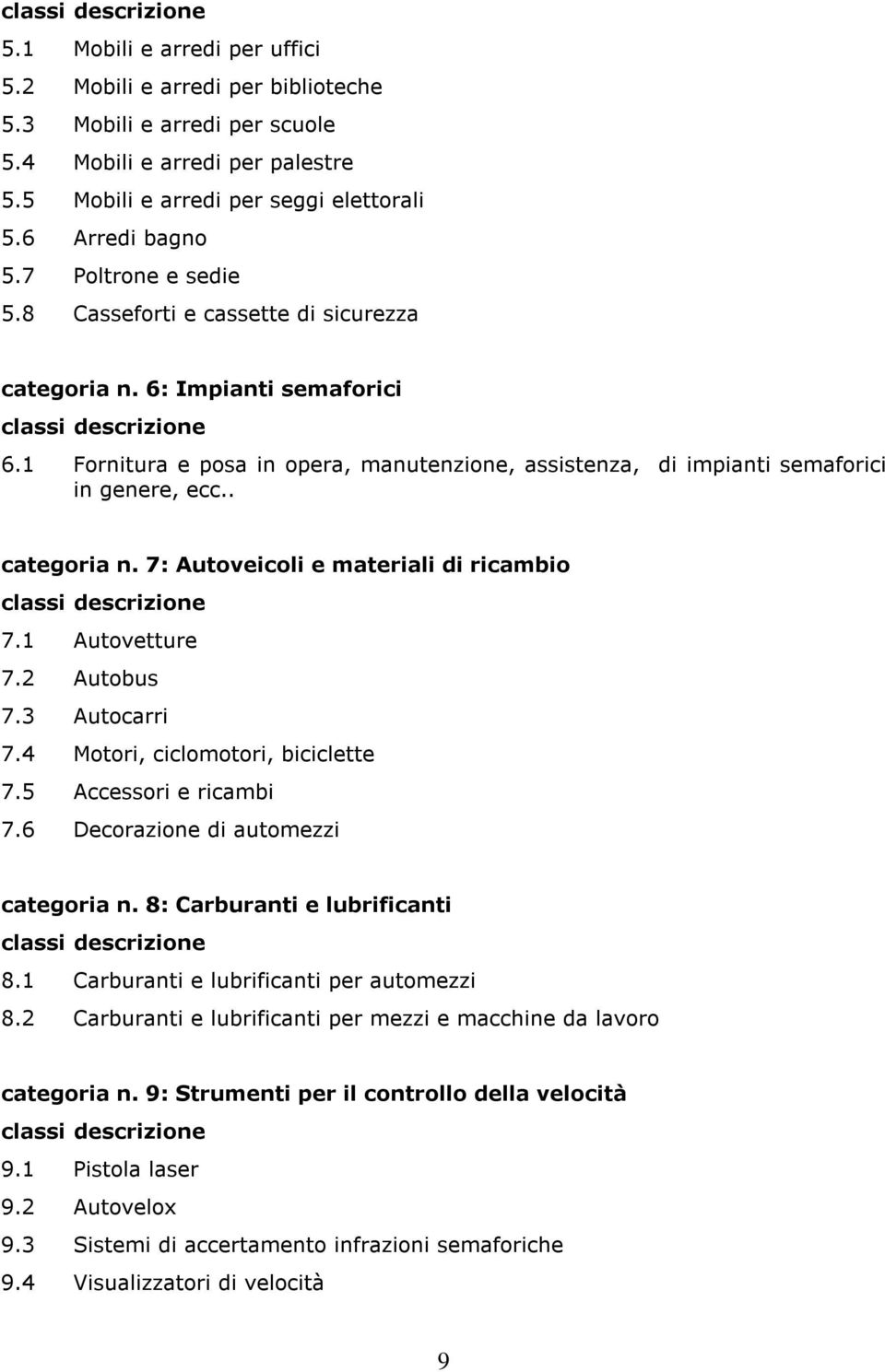 . categoria n. 7: Autoveicoli e materiali di ricambio 7.1 Autovetture 7.2 Autobus 7.3 Autocarri 7.4 Motori, ciclomotori, biciclette 7.5 Accessori e ricambi 7.6 Decorazione di automezzi categoria n.