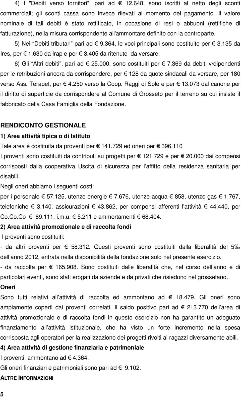 5) Nei Debiti tributari pari ad 9.364, le voci principali sono costituite per 3.135 da Ires, per 1.630 da Irap e per 3.405 da ritenute da versare. 6) Gli Altri debiti, pari ad 25.