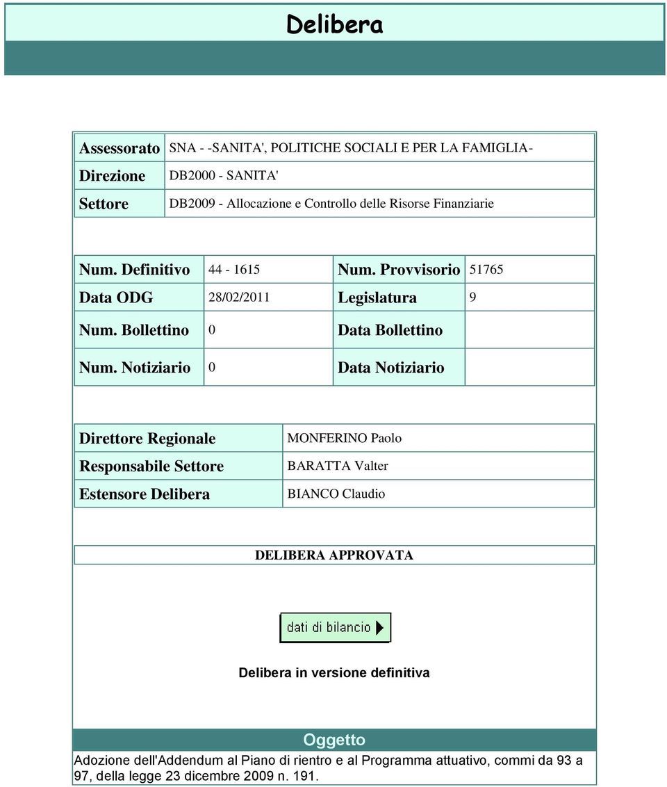 Notiziario 0 Data Notiziario Direttore Regionale Responsabile Settore Estensore Delibera MONFERINO Paolo BARATTA Valter BIANCO Claudio DELIBERA